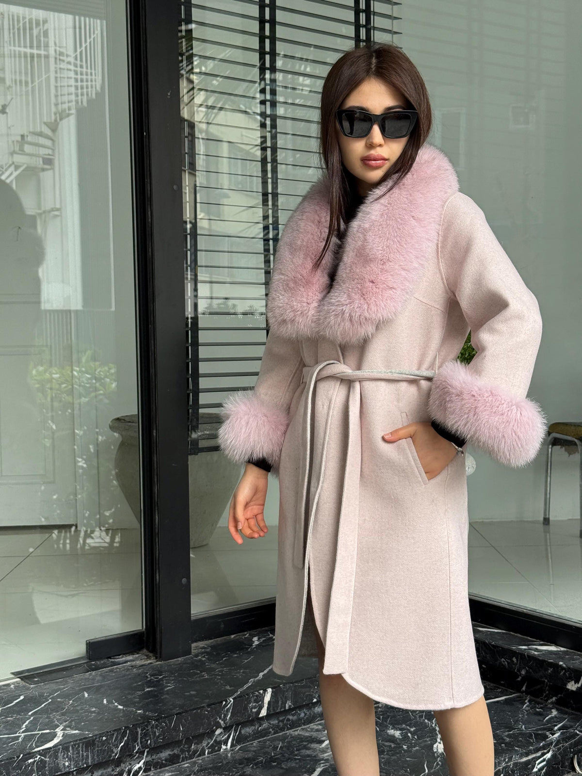 Light Pink Handmade Women Alpaca Coat With Fox Fur , Luxury Outwear | Natural Alpaca Wool Coat | Soft & Warm – Handmade Women’s Outerwear