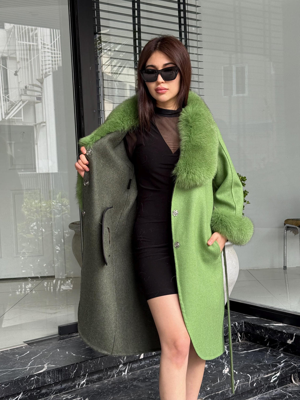 Green Handmade Women Alpaca Coat With Fox Fur , Luxury Outwear | Natural Alpaca Wool Coat | Soft & Warm – Handmade Women’s Outerwear