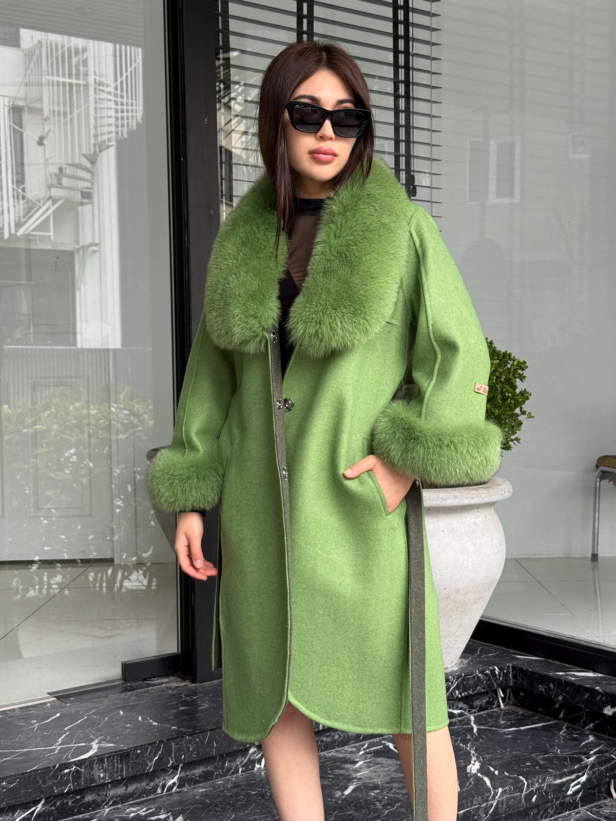 Green Handmade Women Alpaca Coat With Fox Fur , Luxury Outwear | Natural Alpaca Wool Coat | Soft & Warm – Handmade Women’s Outerwear
