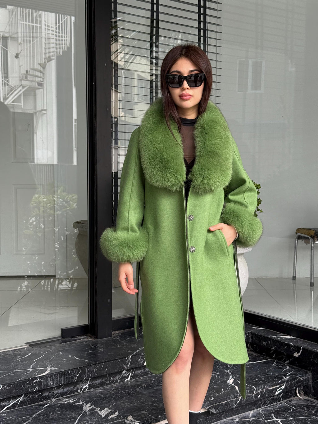 Green Handmade Women Alpaca Coat With Fox Fur , Luxury Outwear | Natural Alpaca Wool Coat | Soft & Warm – Handmade Women’s Outerwear