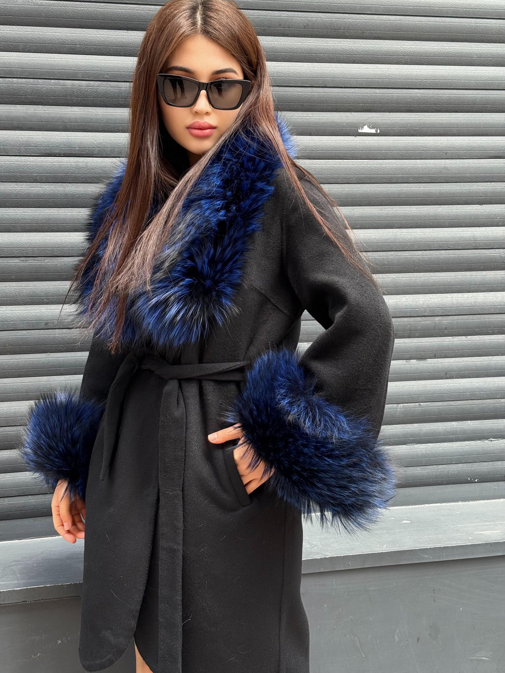 Black Handmade Alpaca Wool Coat with Blue Argentine Fox Fur | Women’s Luxury Warm Winter Outerwear | Natural Alpaca Wool Long Coat