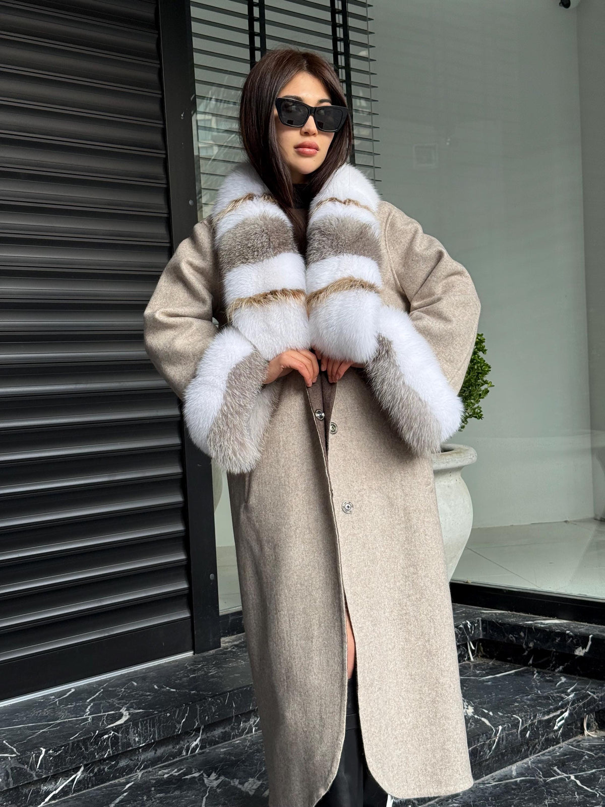 Beige Alpaca Wool Coat, Women’s Handmade Long Collar & Cuffs - Fox Fur Jacket