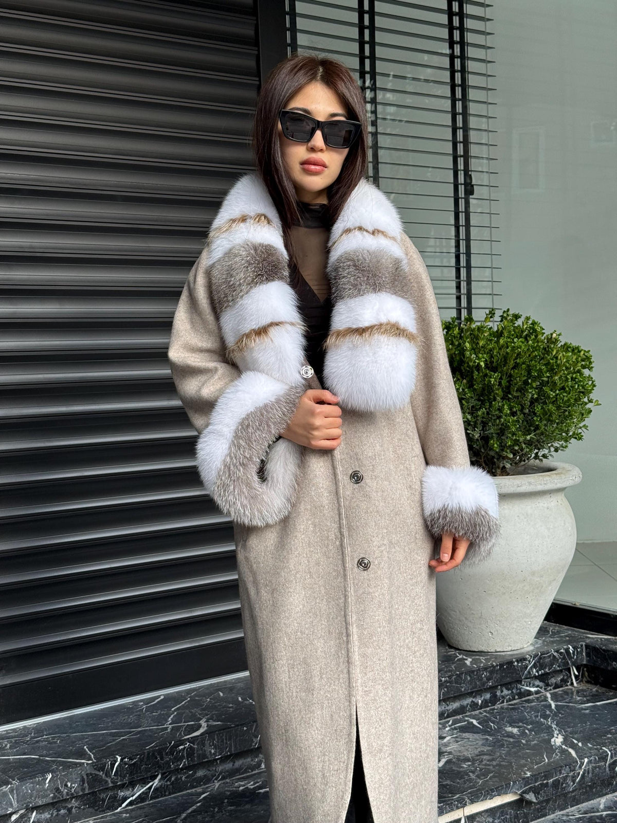 Beige Alpaca Wool Coat, Women’s Handmade Long Collar & Cuffs - Fox Fur Jacket