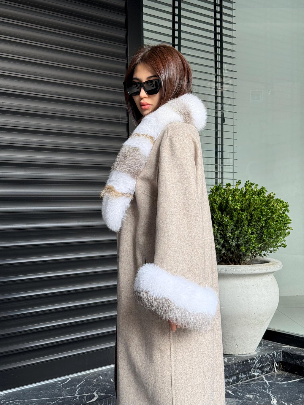 Beige Alpaca Wool Coat, Women’s Handmade Long Collar & Cuffs - Fox Fur Jacket