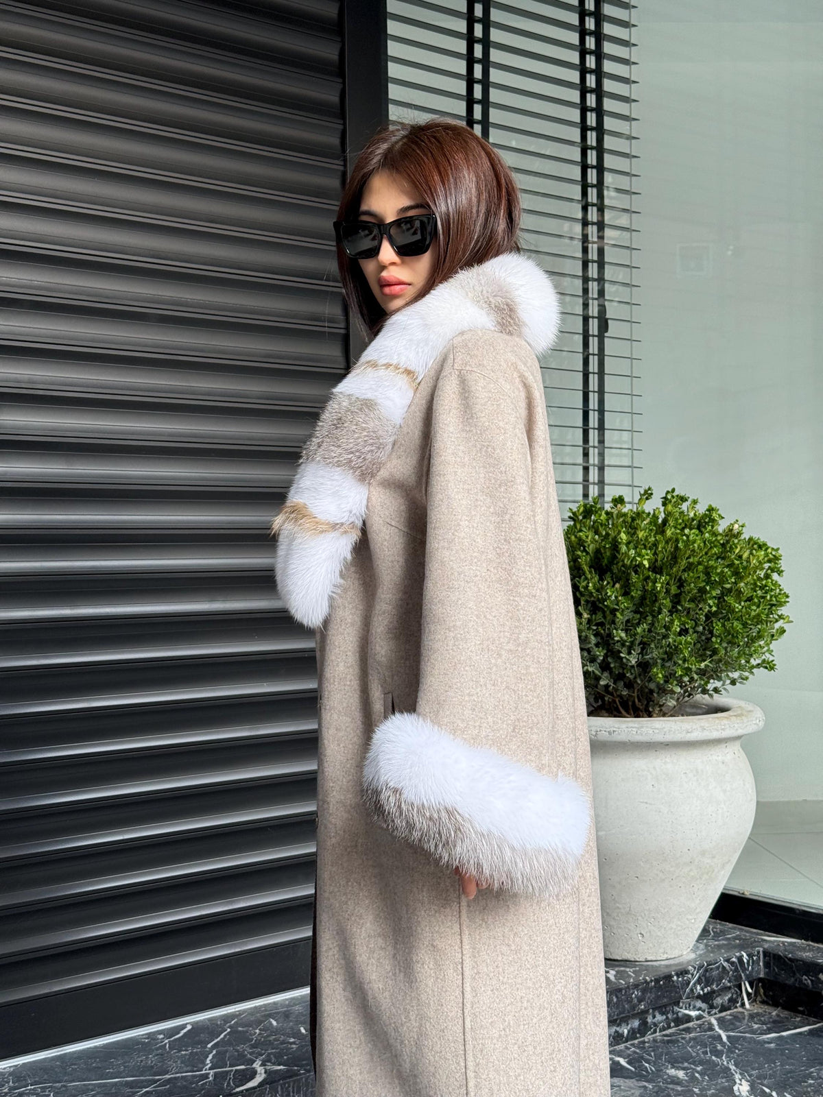 Beige Alpaca Wool Coat, Women’s Handmade Long Collar & Cuffs - Fox Fur Jacket
