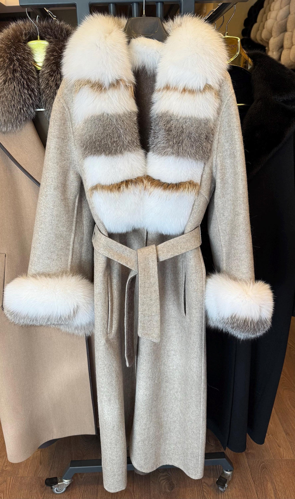 Beige Alpaca Wool Coat, Women’s Handmade Long Collar & Cuffs - Fox Fur Jacket