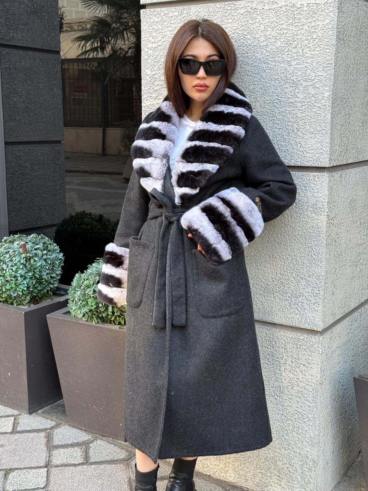 Black Handmade Women Alpaca Coat With Rex Fur | Luxury Wool Outwear | Soft Warm Natural Alpaca Wool Coat | All Colours Available