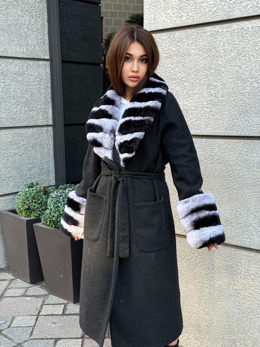 Black Handmade Women Alpaca Coat With Rex Fur | Luxury Wool Outwear | Soft Warm Natural Alpaca Wool Coat | All Colours Available