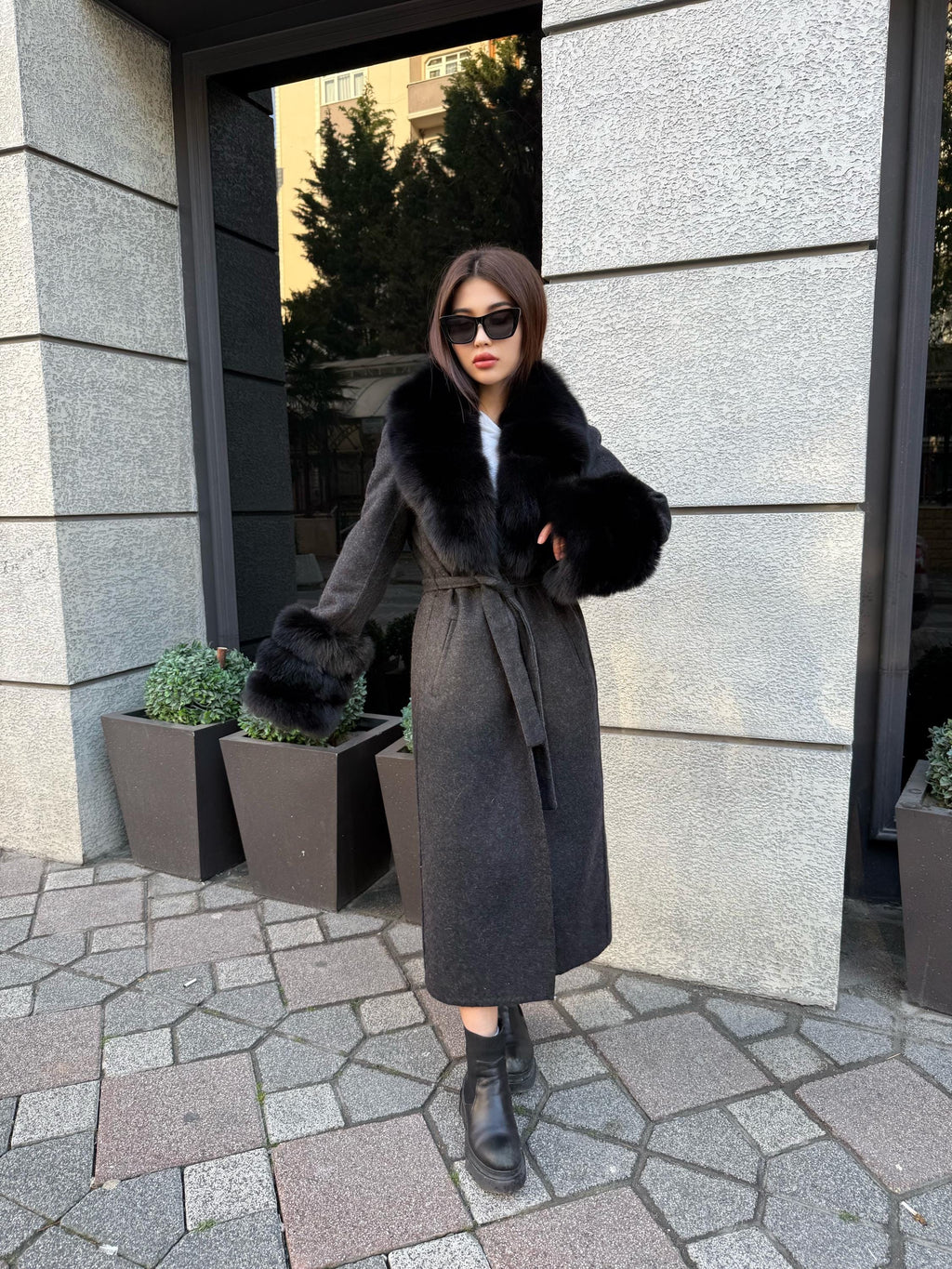 Black Handmade Women Alpaca Coat With Fox Fur , Luxury Wool Outwear | Soft Warm Natural Alpaca Wool Coat| All Colours Available