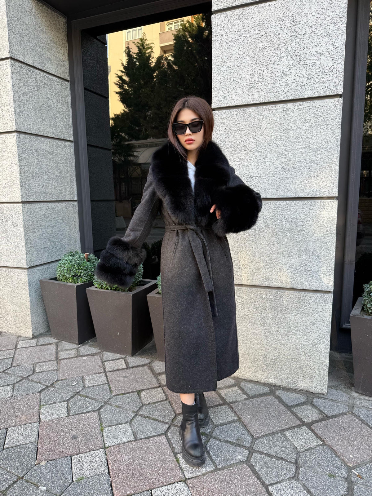 Black Handmade Women Alpaca Coat With Fox Fur , Luxury Wool Outwear | Soft Warm Natural Alpaca Wool Coat| All Colours Available
