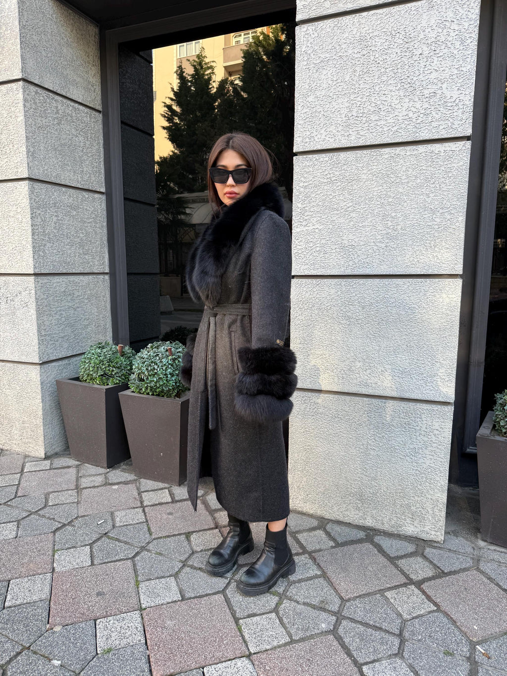 Black Handmade Women Alpaca Coat With Fox Fur , Luxury Wool Outwear | Soft Warm Natural Alpaca Wool Coat| All Colours Available