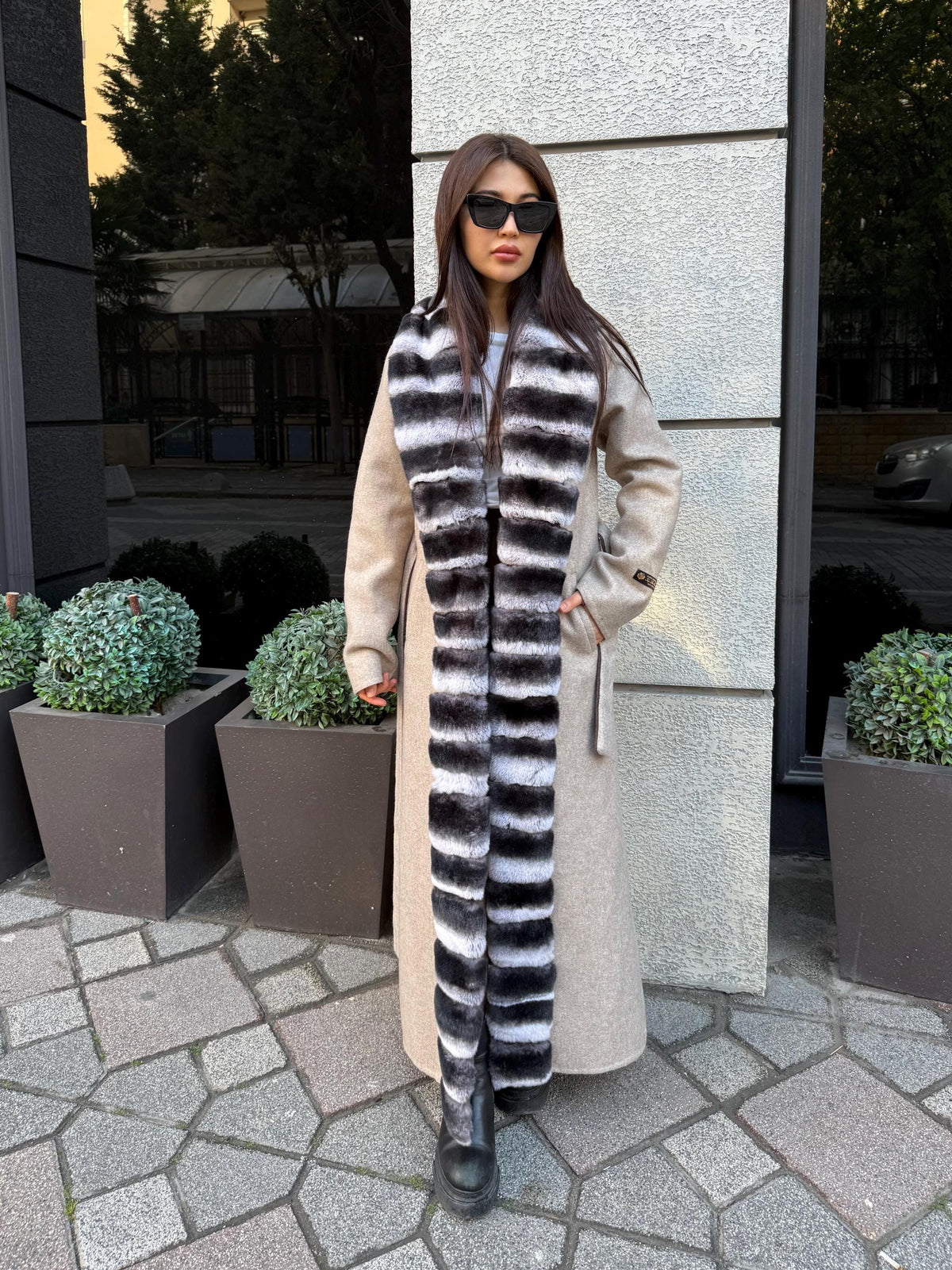 Beige Long Alpaca Wool Coat, Women’s Handmade Front Rex Fur Jacket