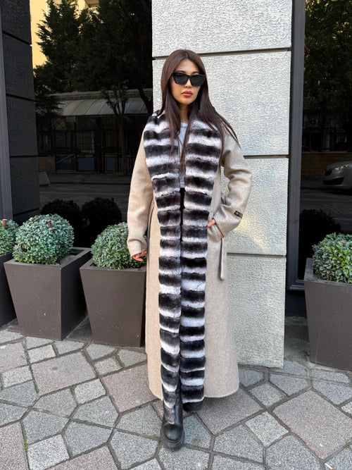 Beige Long Alpaca Wool Coat, Women’s Handmade Front Rex Fur Jacket