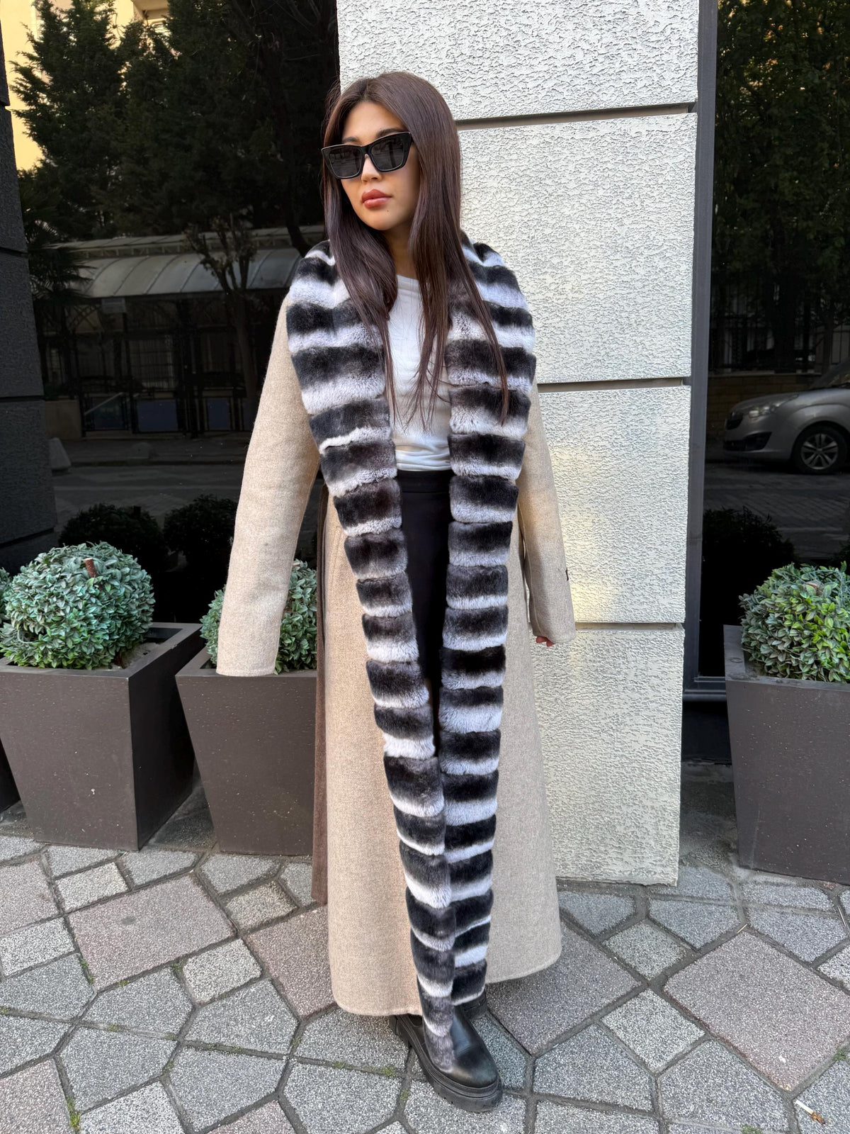 Beige Long Alpaca Wool Coat, Women’s Handmade Front Rex Fur Jacket