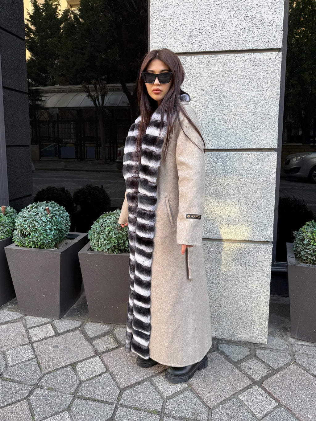Beige Long Alpaca Wool Coat, Women’s Handmade Front Rex Fur Jacket