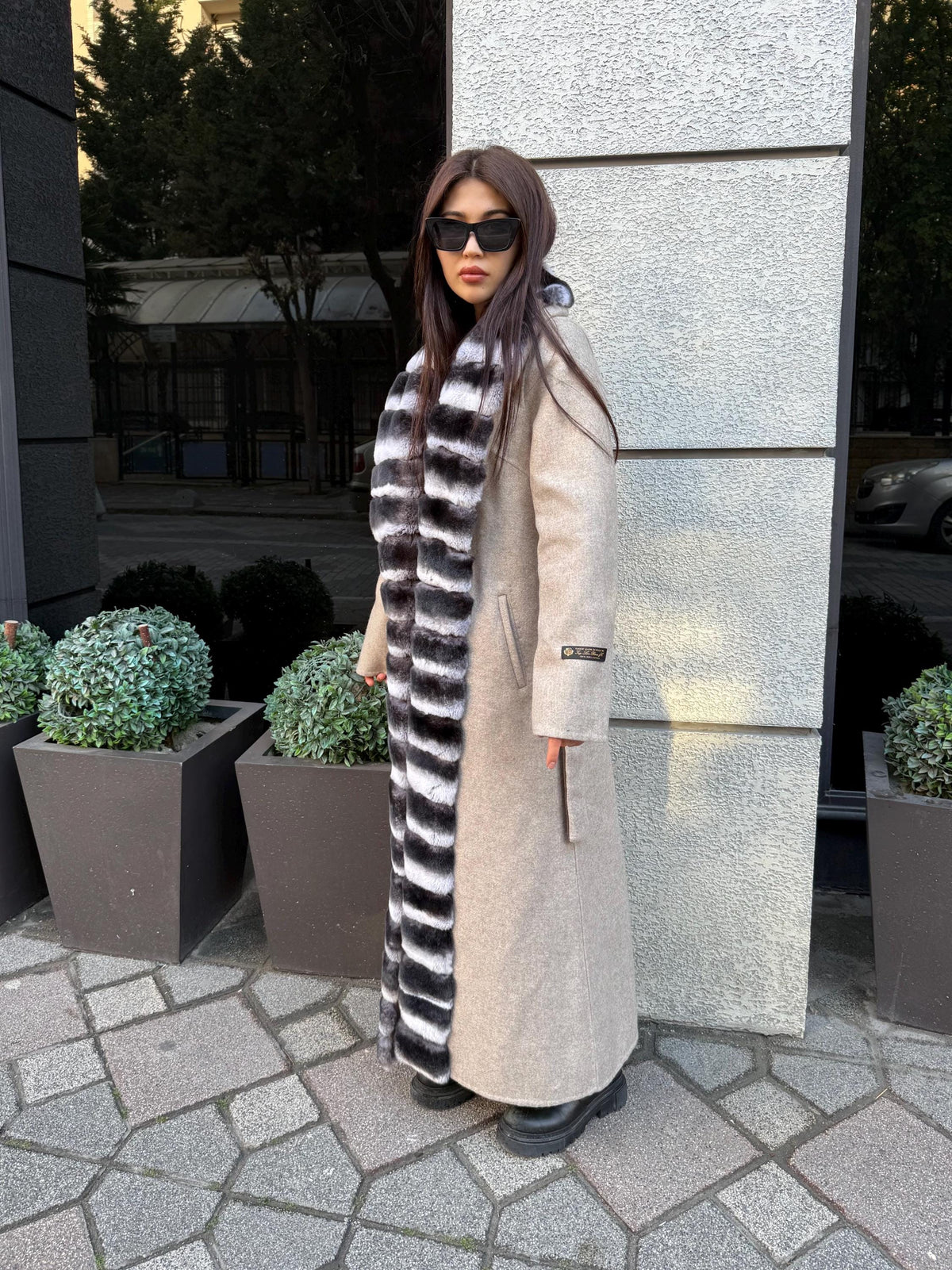 Beige Long Alpaca Wool Coat, Women’s Handmade Front Rex Fur Jacket