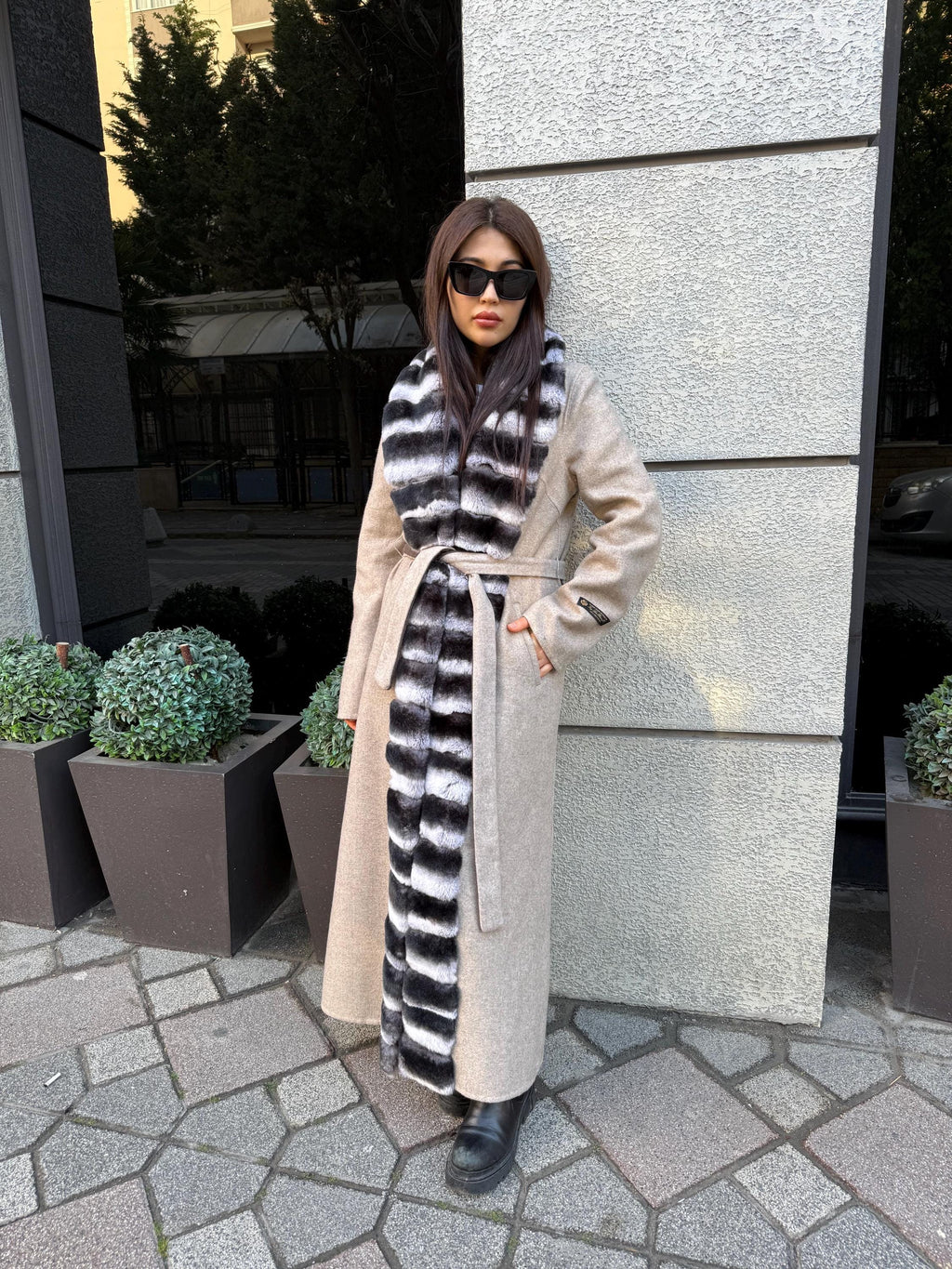 Beige Long Alpaca Wool Coat, Women’s Handmade Front Rex Fur Jacket