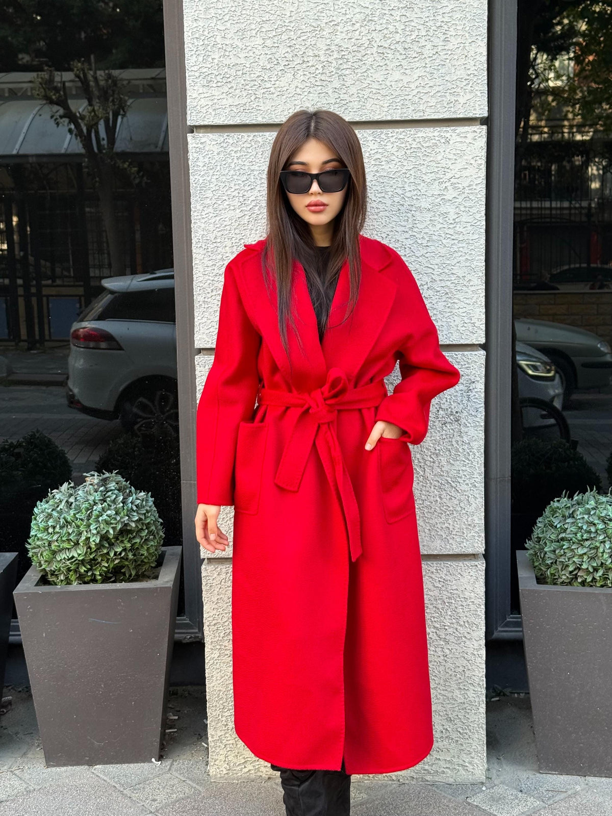 Women’s Red Long Zibellino Alpaca Coat, Handmade Luxury Virgin Wool Jacket