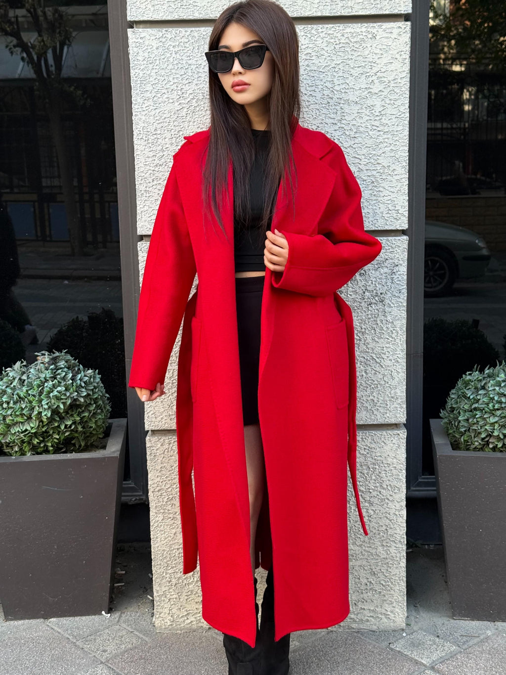 Women’s Red Long Zibellino Alpaca Coat, Handmade Luxury Virgin Wool Jacket