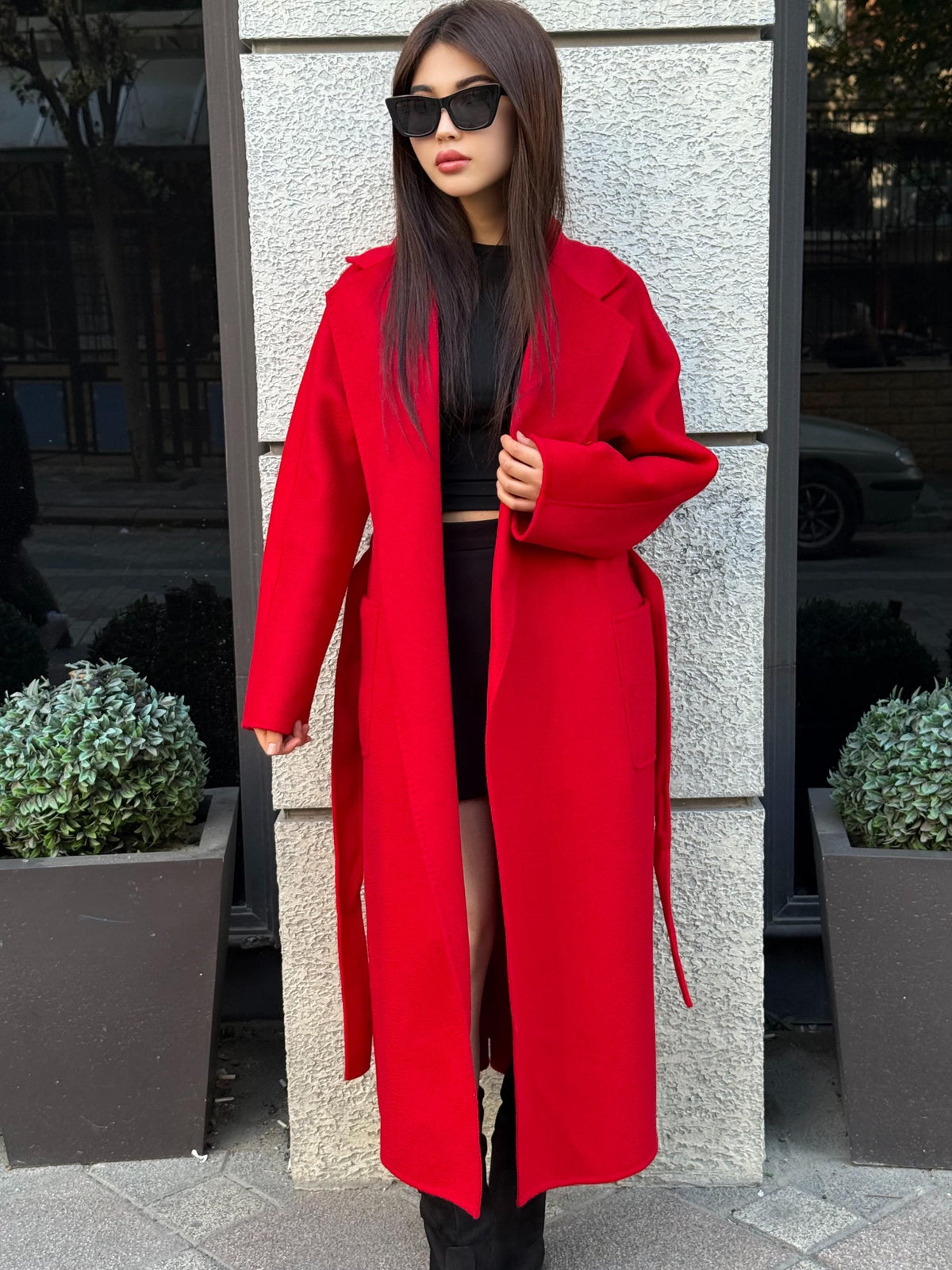 Women’s Red Long Zibellino Alpaca Coat, Handmade Luxury Virgin Wool Jacket