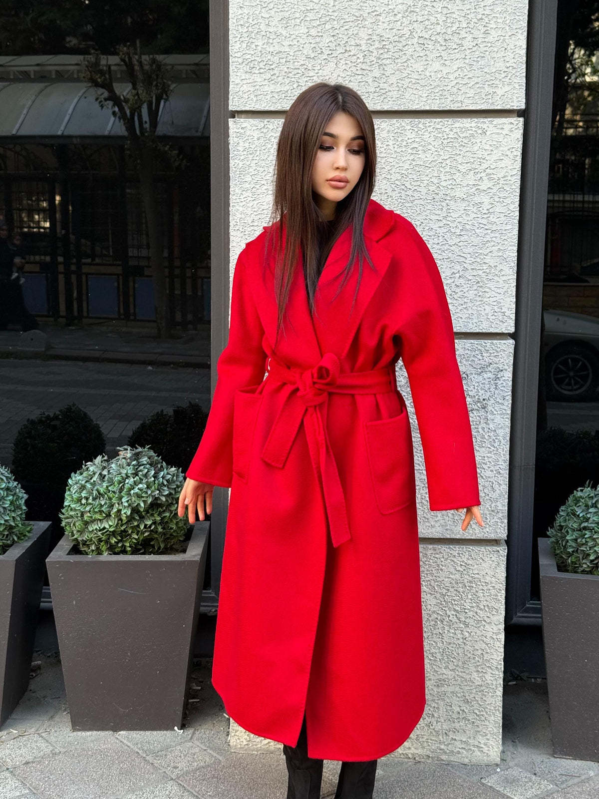 Women’s Red Long Zibellino Alpaca Coat, Handmade Luxury Virgin Wool Jacket