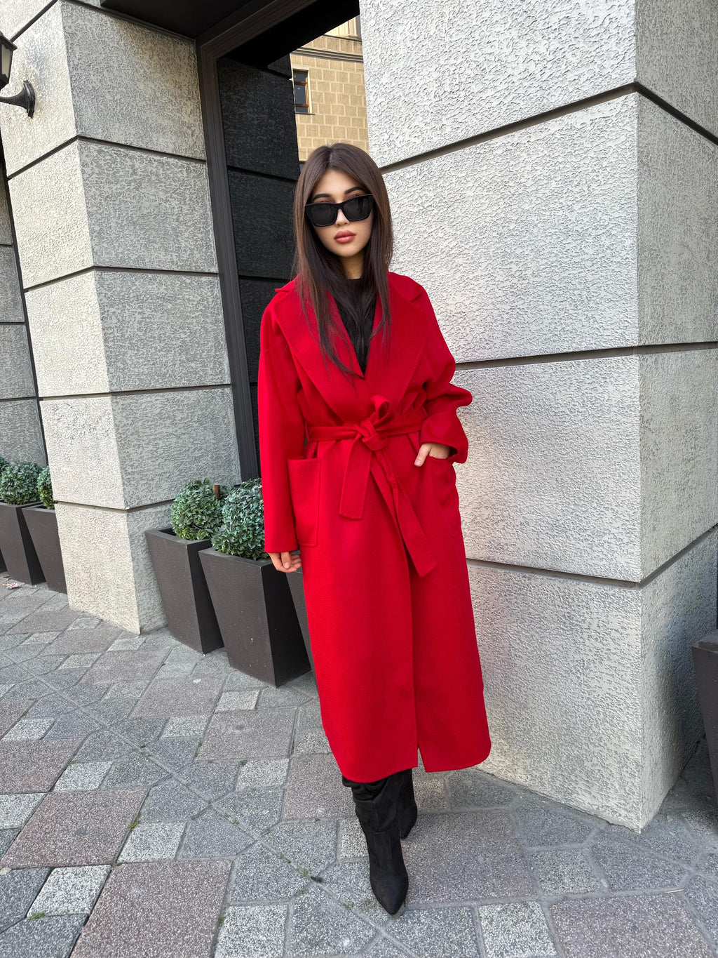 Women’s Red Long Zibellino Alpaca Coat, Handmade Luxury Virgin Wool Jacket