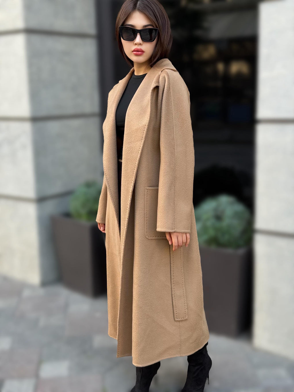 Women’s Camel Long Zibellino Alpaca Coat, Handmade Luxury Virgin Wool Jacket