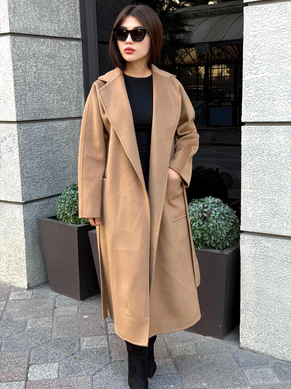 Women’s Camel Long Zibellino Alpaca Coat, Handmade Luxury Virgin Wool Jacket