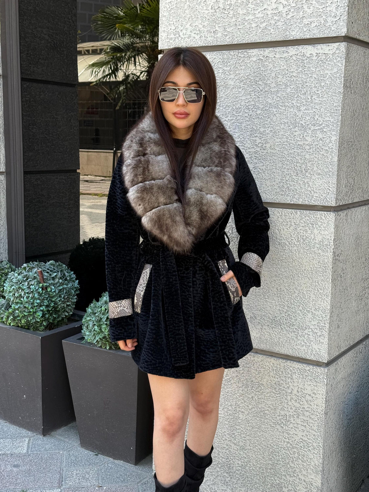 Black Faux Astrakhan Jacket,Women’s Collar Genuine Fox Fur Coat , & Real Python