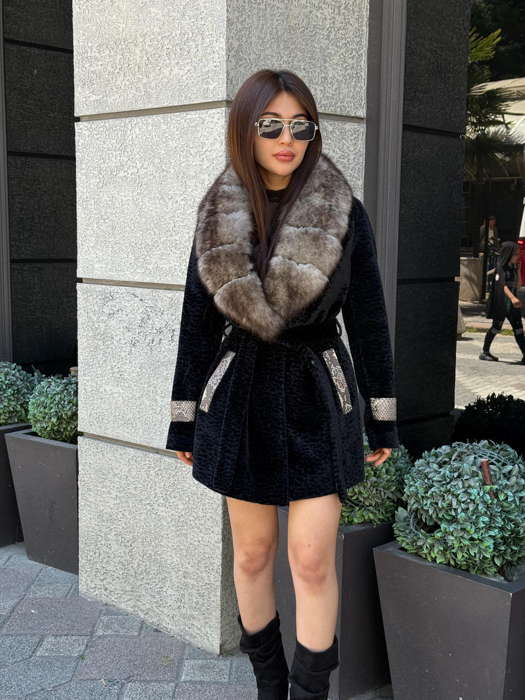 Black Faux Astrakhan Jacket,Women’s Collar Genuine Fox Fur Coat , & Real Python