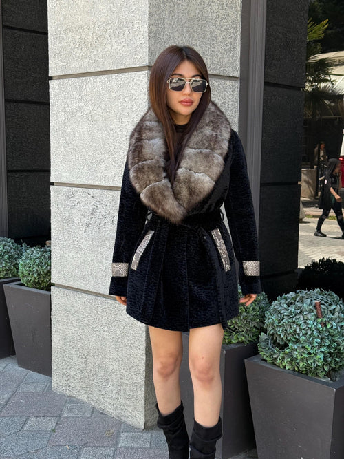 Black Faux Astrakhan Jacket,Women’s Collar Genuine Fox Fur Coat , & Real Python
