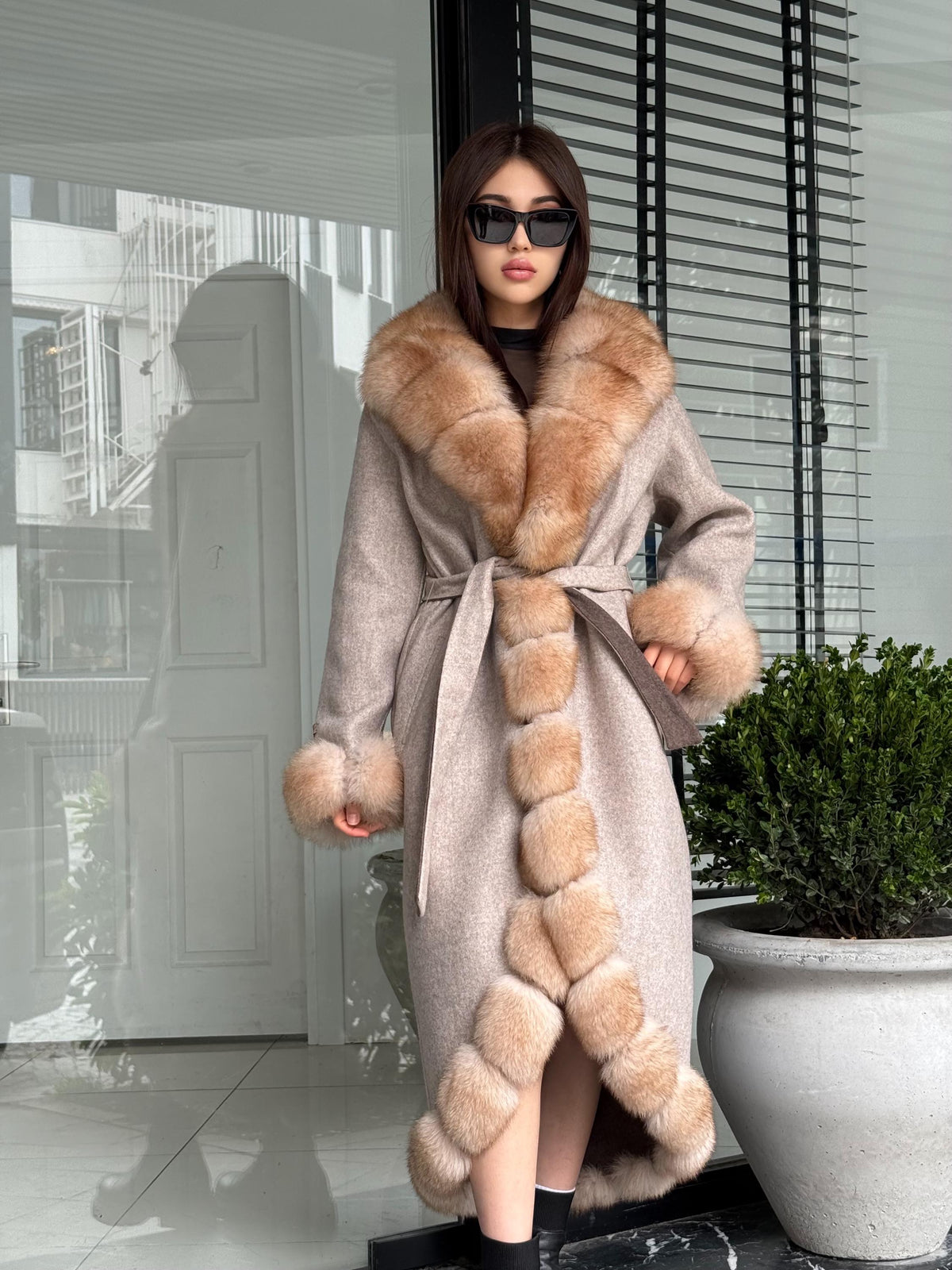 Beige Long Alpaca Wool Coat, Women’s Handmade Front & Cuffs - Fox Fur Jacket