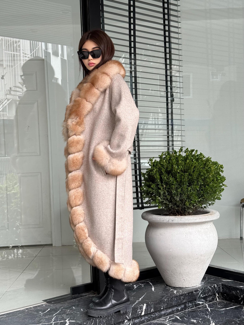 Beige Long Alpaca Wool Coat, Women’s Handmade Front & Cuffs - Fox Fur Jacket
