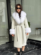 White Handmade Women Alpaca Coat With Fox Fur , Luxury Outwear | Natural Alpaca Wool Coat | Soft & Warm – Handmade Women’s Outerwear