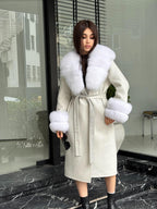 White Handmade Women Alpaca Coat With Fox Fur , Luxury Outwear | Natural Alpaca Wool Coat | Soft & Warm – Handmade Women’s Outerwear