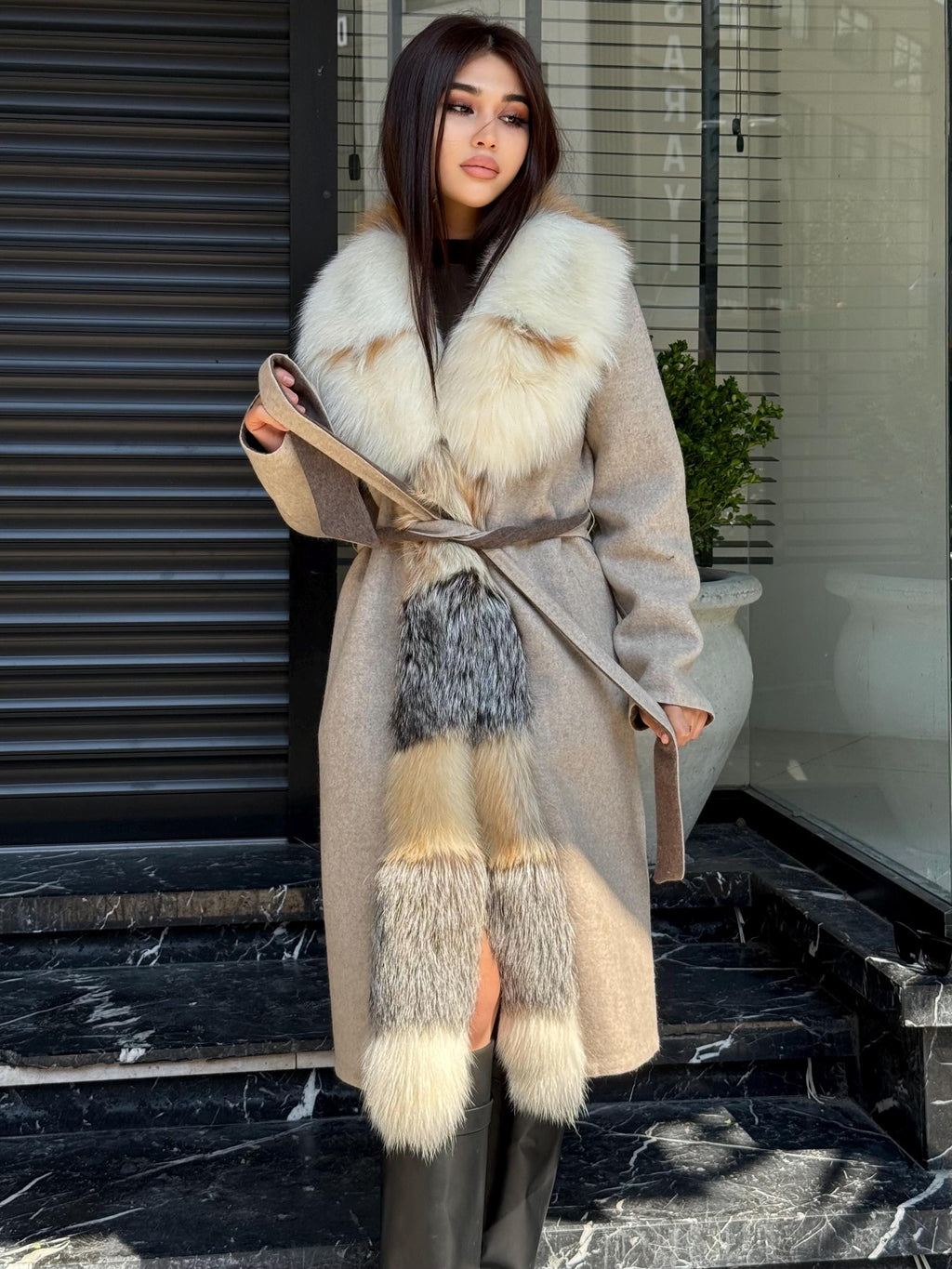 Women Beige Alpaca Wool Coat With Fur Trim, Handmade Luxury Front Fox Fur Jacket