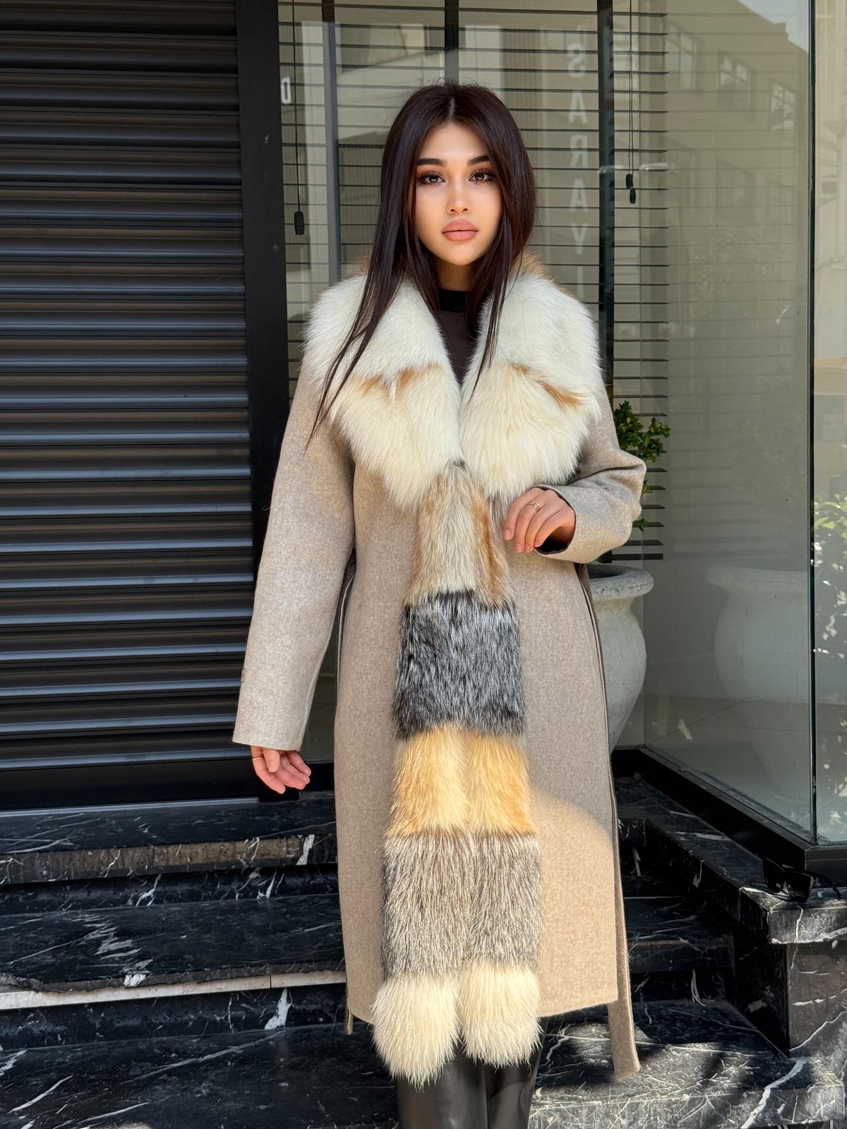 Women Beige Alpaca Wool Coat With Fur Trim, Handmade Luxury Front Fox Fur Jacket
