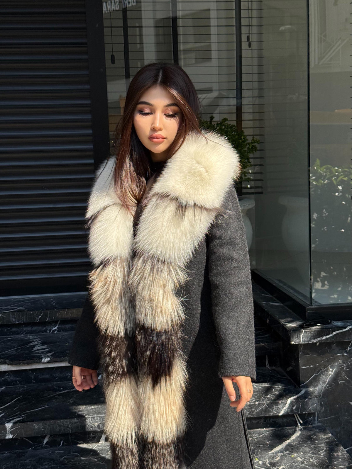 Black Long Alpaca Wool Coat With Fur Trim, Luxury Handmade Women Front Frost Fox Fur Jacket
