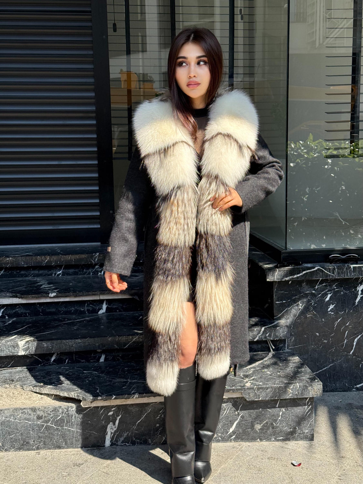 Black Long Alpaca Wool Coat With Fur Trim, Luxury Handmade Women Front Frost Fox Fur Jacket