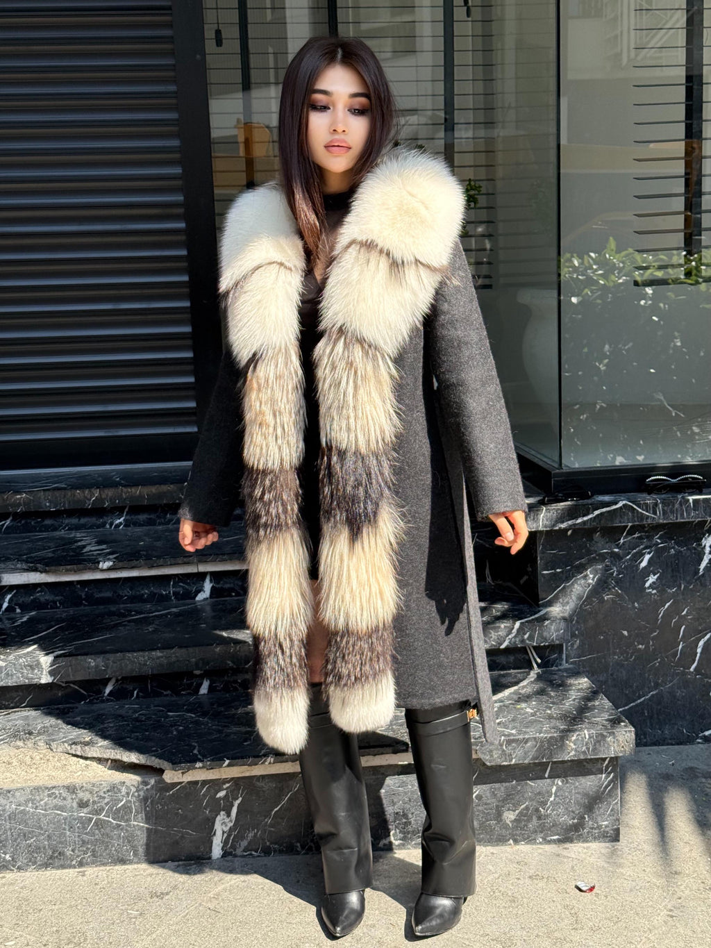 Black Long Alpaca Wool Coat With Fur Trim, Luxury Handmade Women Front Frost Fox Fur Jacket