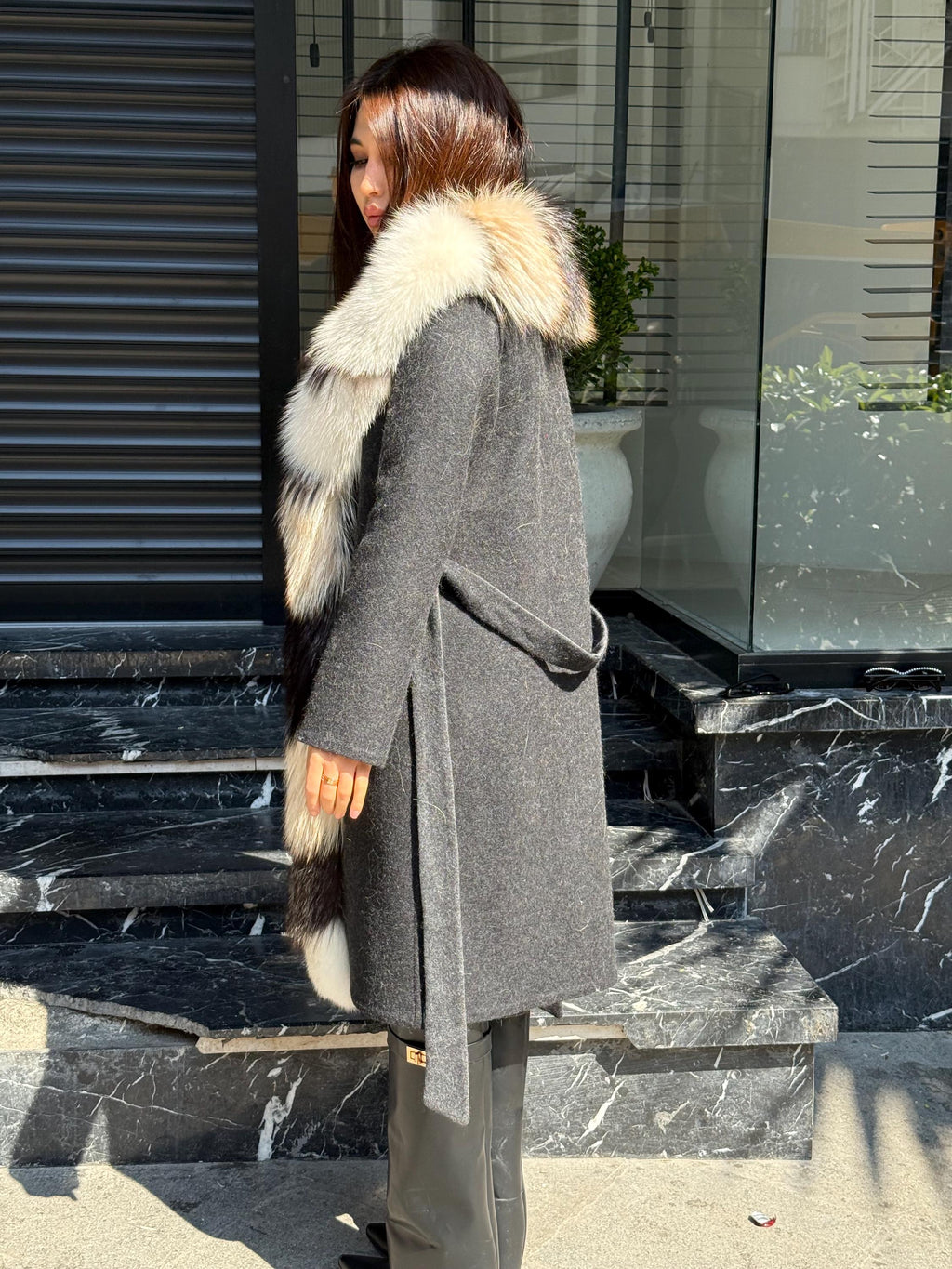 Black Long Alpaca Wool Coat With Fur Trim, Luxury Handmade Women Front Frost Fox Fur Jacket