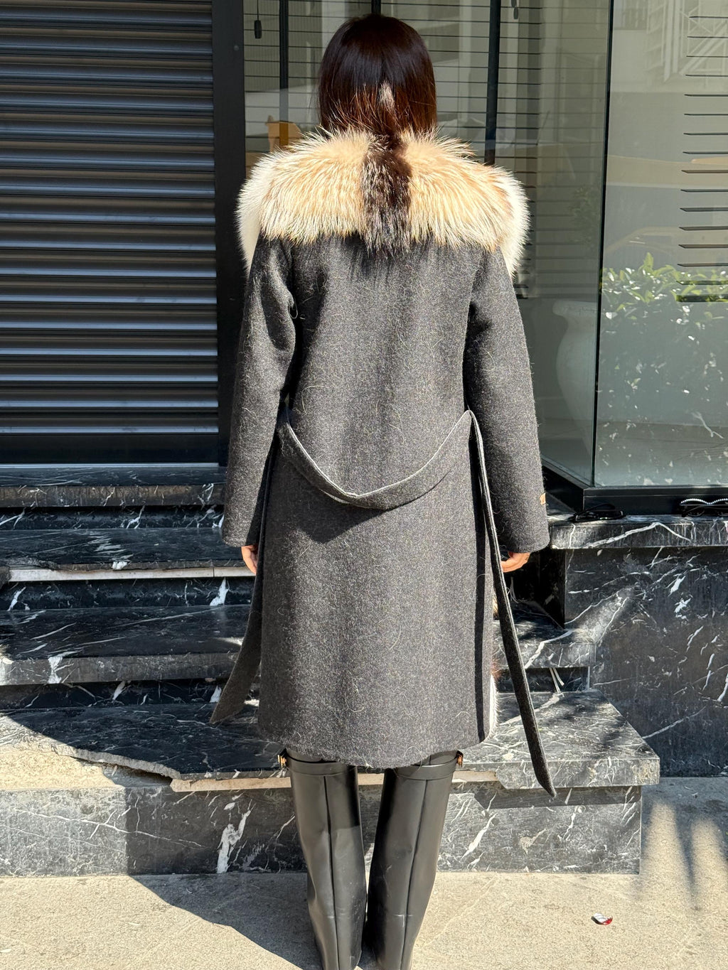 Black Long Alpaca Wool Coat With Fur Trim, Luxury Handmade Women Front Frost Fox Fur Jacket