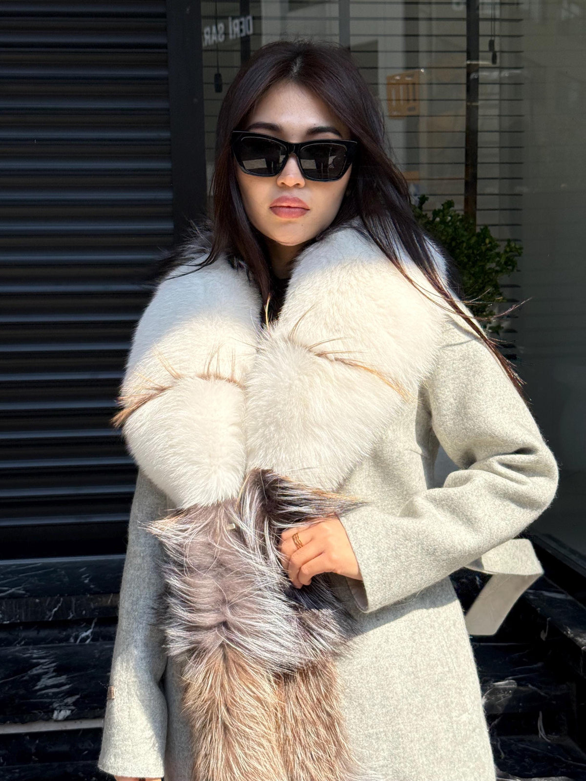 Gray Handmade Women Alpaca Coat With Fox Fur , Luxury Wool Outwear | Soft Warm Natural Alpaca Wool Coat| All Colours Available