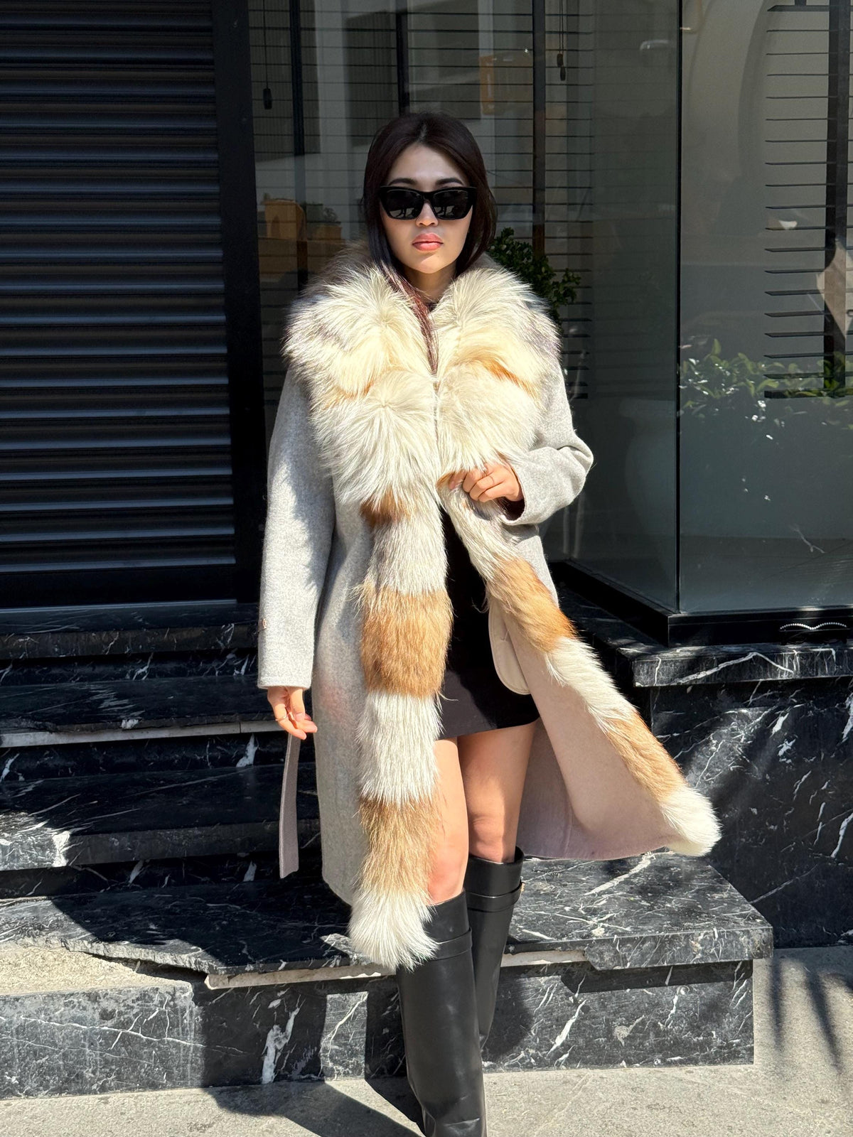 Gray Handmade Women Alpaca Coat With Fox Fur , Luxury Wool Outwear | Soft Warm Natural Alpaca Wool Coat| All Colours Available