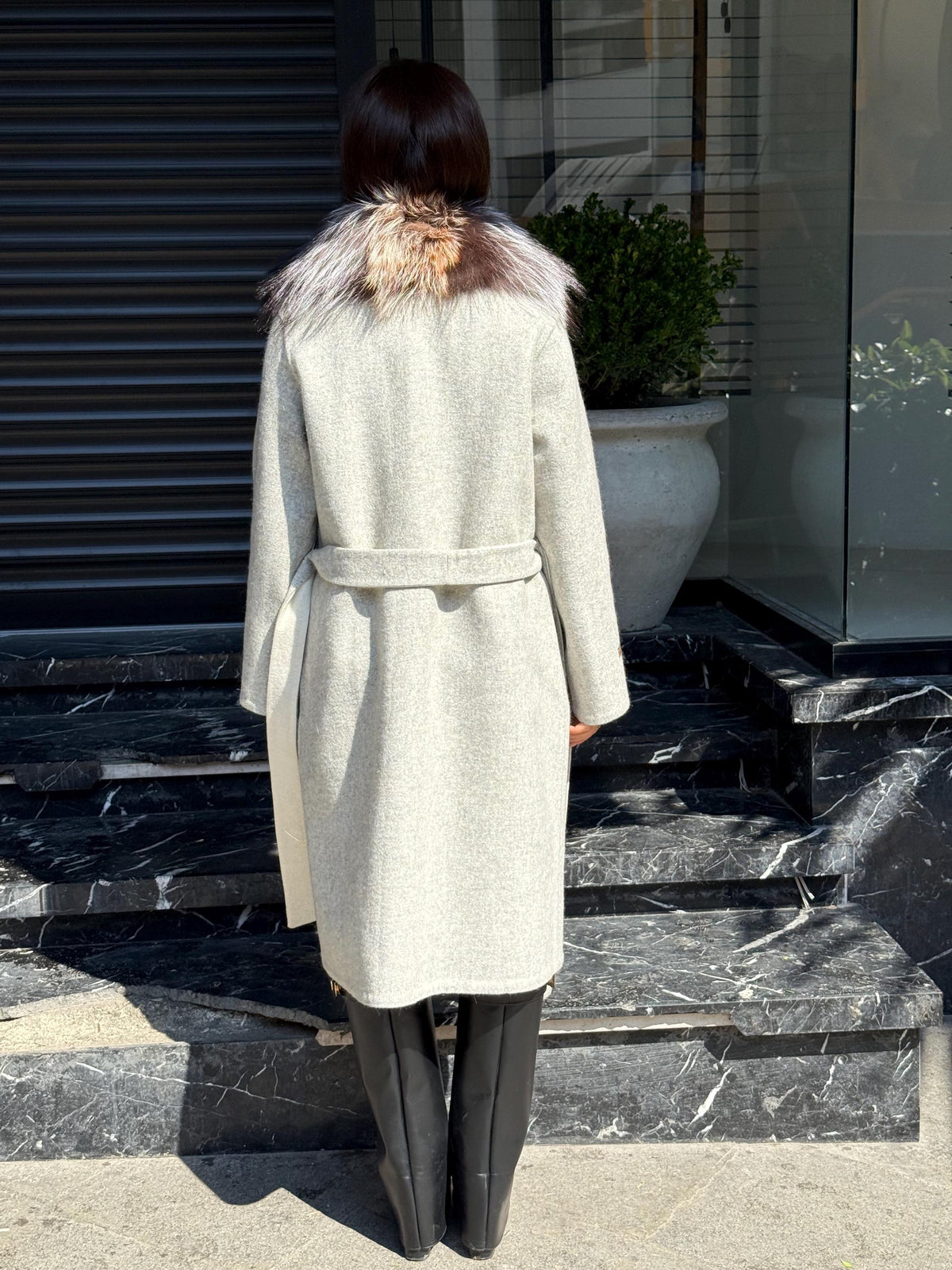 Gray Handmade Women Alpaca Coat With Fox Fur , Luxury Wool Outwear | Soft Warm Natural Alpaca Wool Coat| All Colours Available