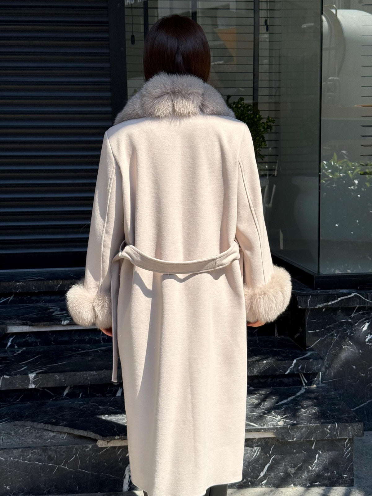 Beige Long Cashmere Front Cuffs Fox Fur Coat, Women Fox Fur Jacket - Front Fox Fur Jacket - Fox Fur Jacket