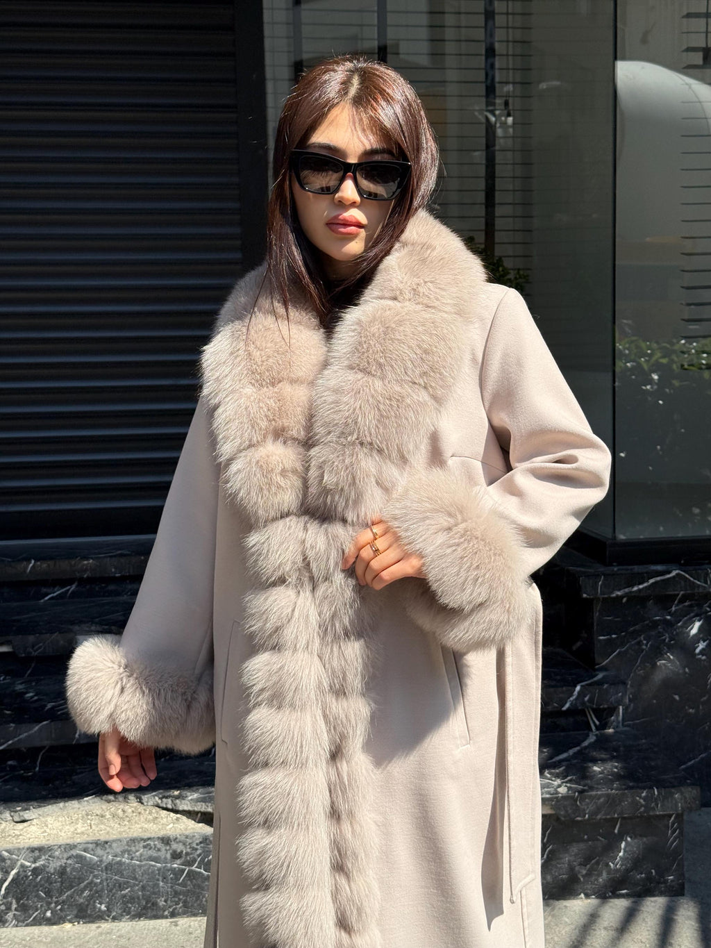 Beige Long Cashmere Front Cuffs Fox Fur Coat, Women Fox Fur Jacket - Front Fox Fur Jacket - Fox Fur Jacket