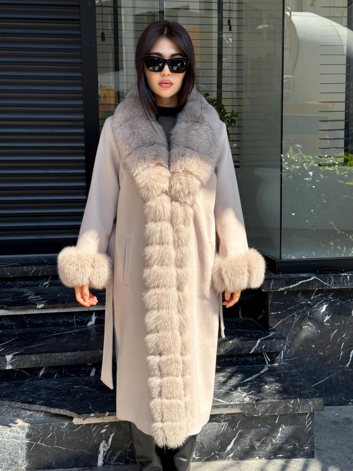 Beige Long Cashmere Front Cuffs Fox Fur Coat, Women Fox Fur Jacket - Front Fox Fur Jacket - Fox Fur Jacket