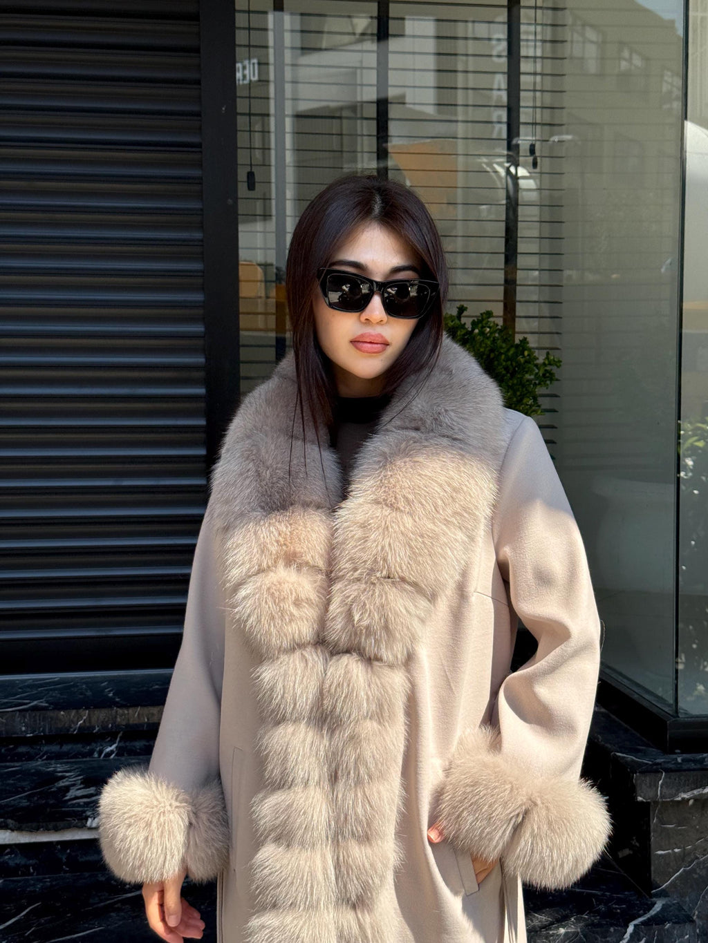 Beige Long Cashmere Front Cuffs Fox Fur Coat, Women Fox Fur Jacket - Front Fox Fur Jacket - Fox Fur Jacket
