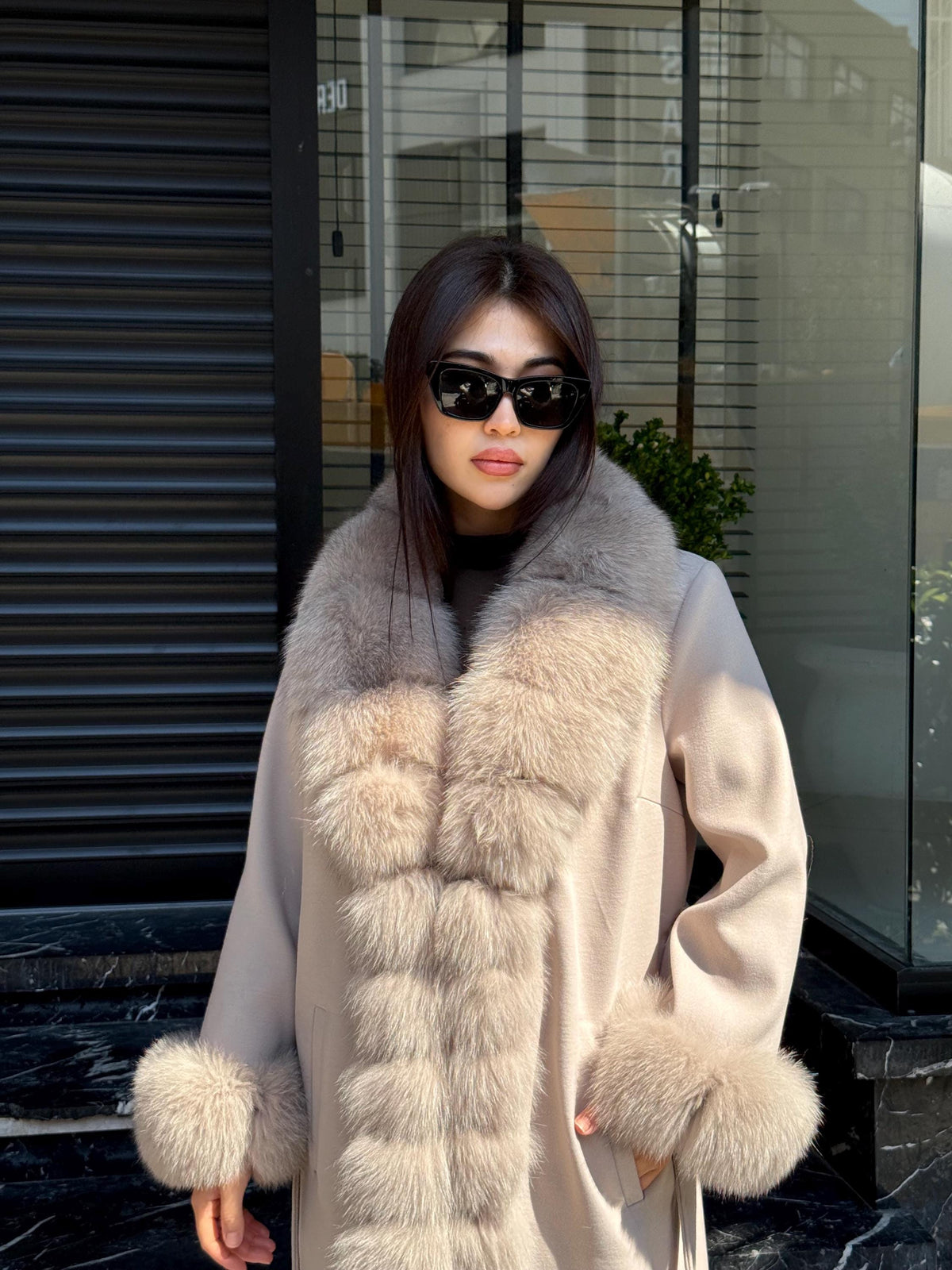 Beige Long Cashmere Front Cuffs Fox Fur Coat, Women Fox Fur Jacket - Front Fox Fur Jacket - Fox Fur Jacket